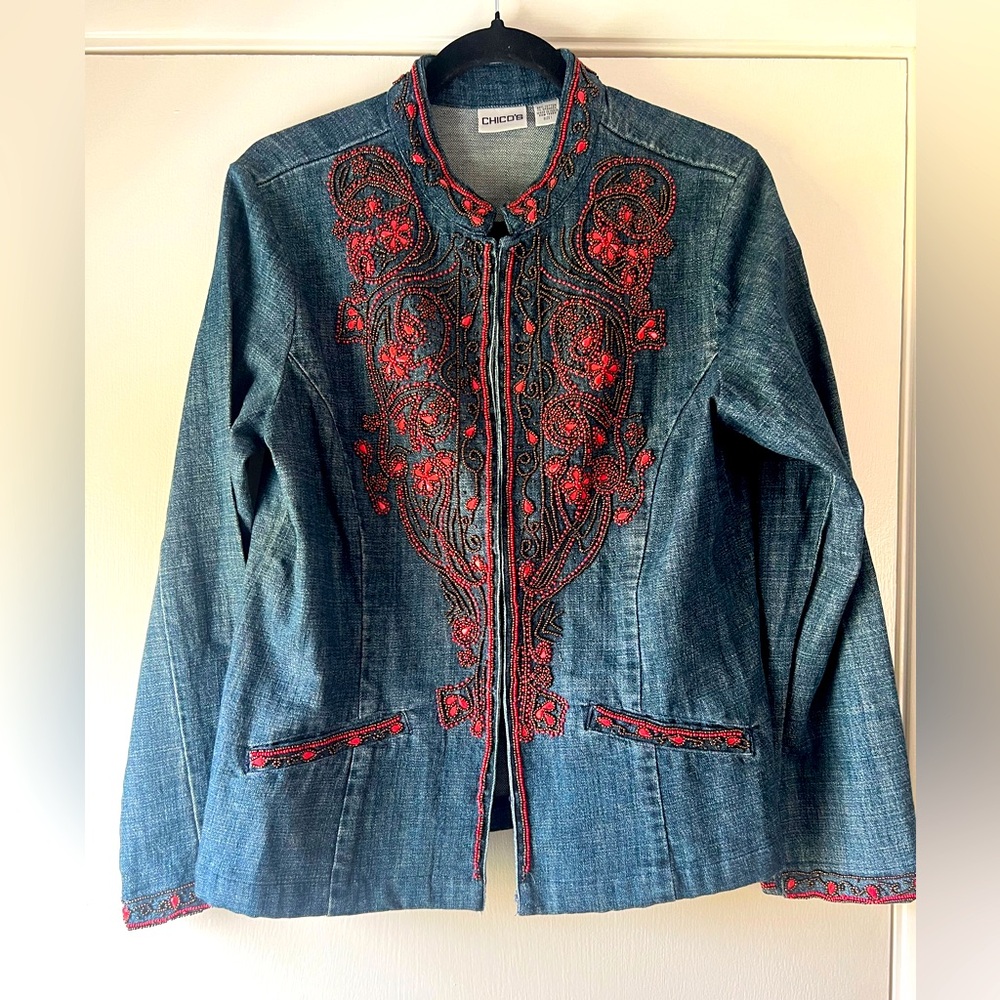 Chico’s Denim Blazer Jacket Embroidered Beaded Boho Chic Western Cowgirl Luxe